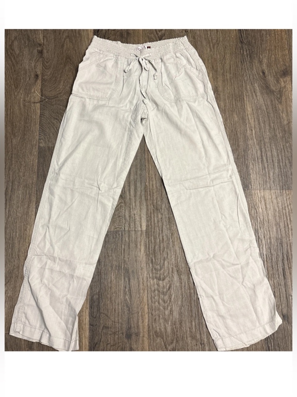 So Women's Beige Elastic Waist Linen Flowy Drawstring Pants Size M